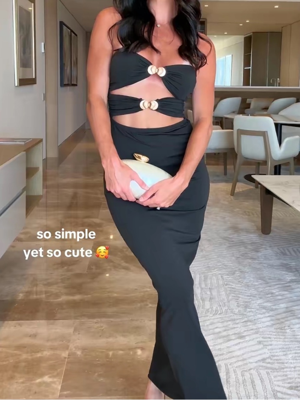 Black Cutout Strapless Maxi Dress with Gold Shell Details